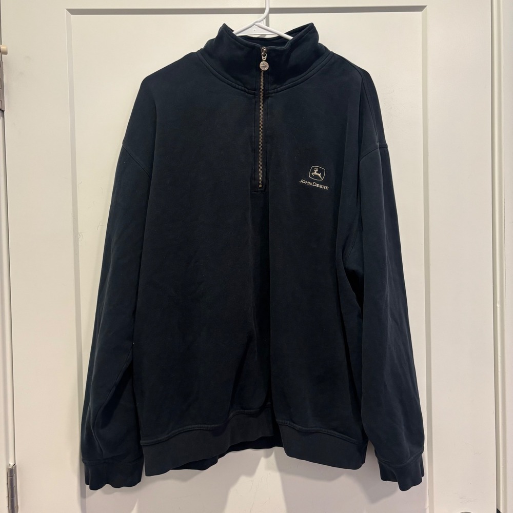 John Deere Men XL Quarter Zip Sweatshirt Black Fleece Pullover American Identity